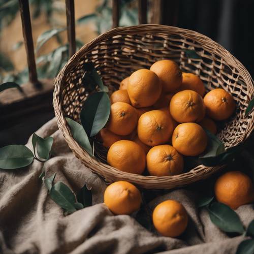 A black and beige hand-woven basket filled with ripe oranges. Tapet [51b3be9ce6d040668568]