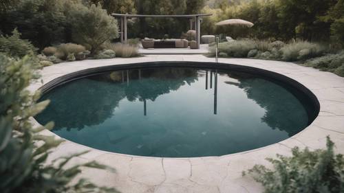 Minimalist sert peyzajlı bir bahçenin ortasında yuvarlak bir havuz