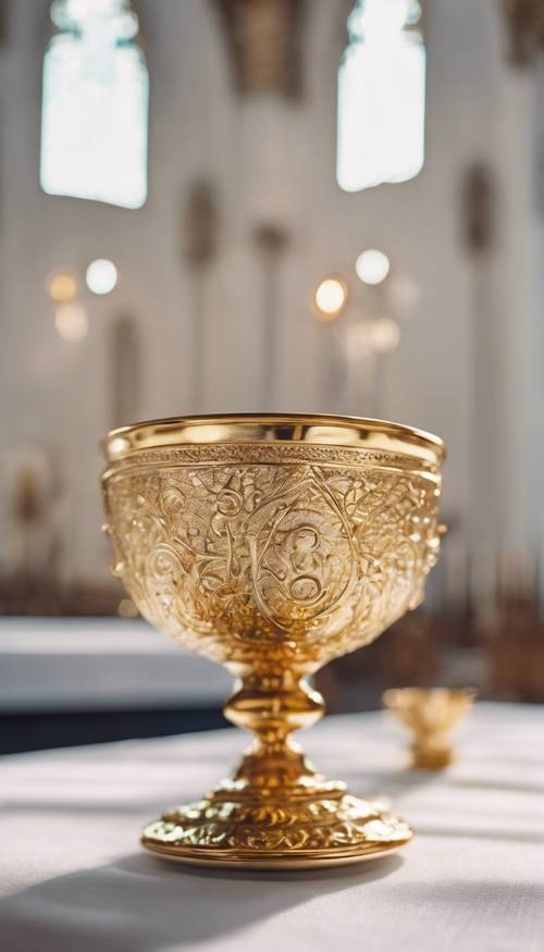 Um cálice dourado ornamentado e um prato de hóstias de comunhão colocados sobre um altar de igreja branco rendado.