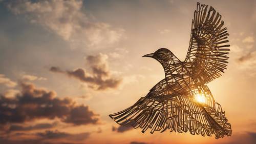 Seekor burung geometris emas dengan detail rumit, terbang melawan langit matahari terbenam.