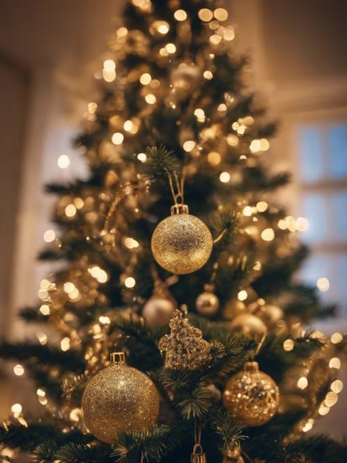 Рождественская елка залита золотым блеском, среди украшений мерцают огни.