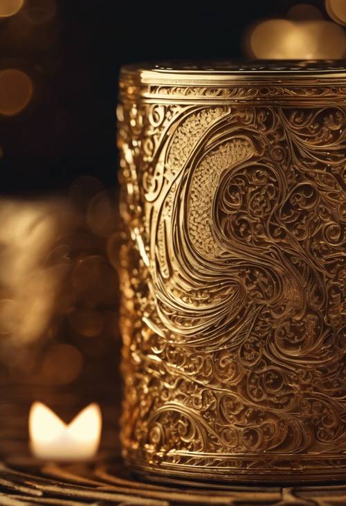 A gold cork engraved with intricate swirly patterns of a story, under soft candlelight Kertas dinding [77099112bf964fcb9c85]