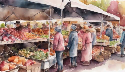 A watercolor painting of a Thanksgiving Farmer's market, accented with pink tones.