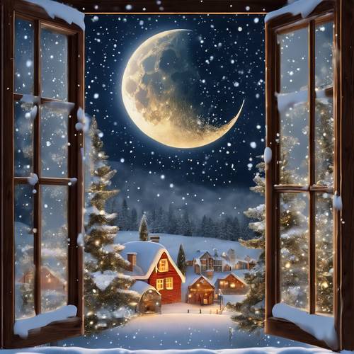 Malam Natal yang tenang dan bersalju dilihat dari jendela, dengan siluet Sinterklas raksasa terpantul di bulan.