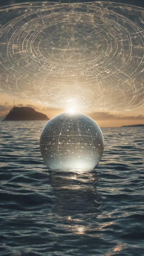 Sebuah bola mistis melayang di atas laut, terukir dengan garis-garis yang menggambarkan deret matematika Fibonacci.