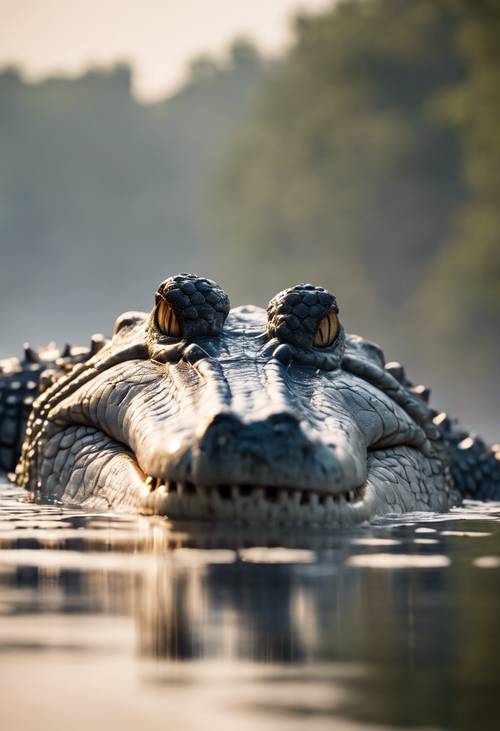 Un grande coccodrillo bianco emerge dal fiume nebbioso all&#39;alba.