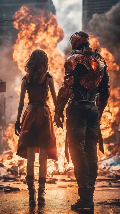 An anime superhero couple saving their city from a burning infero.