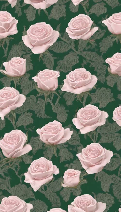 A deep green damask pattern contrasted by delicate baby pink roses.
