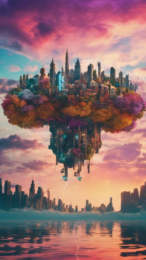 A magical skyline of a floating island city under a surreal multicolored sky.