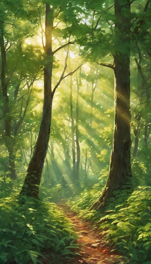 A detailed landscape painting of a lush, green forest with the beams of the setting sun filtering through the leaves.