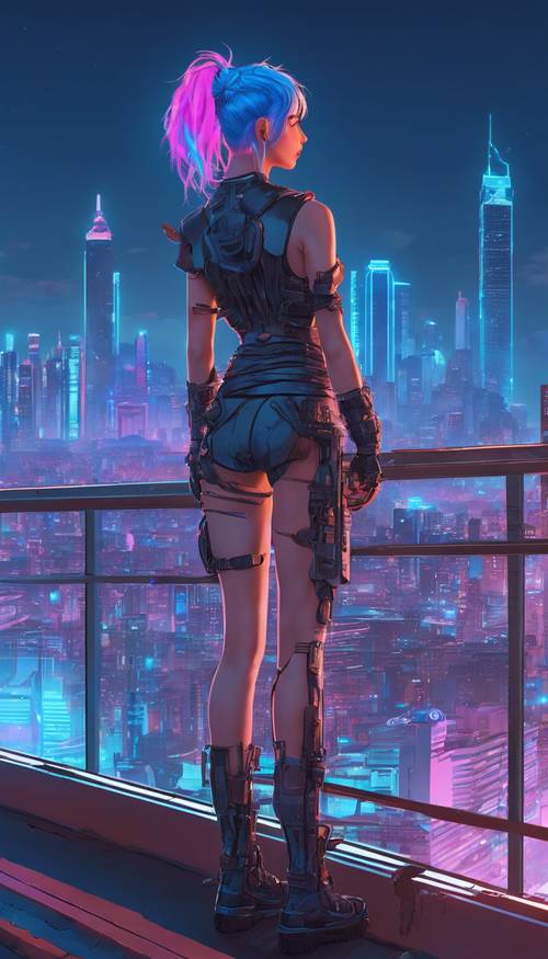 A cybernetic girl with neon blue hair, standing on a rooftop overlooking the luminous city.