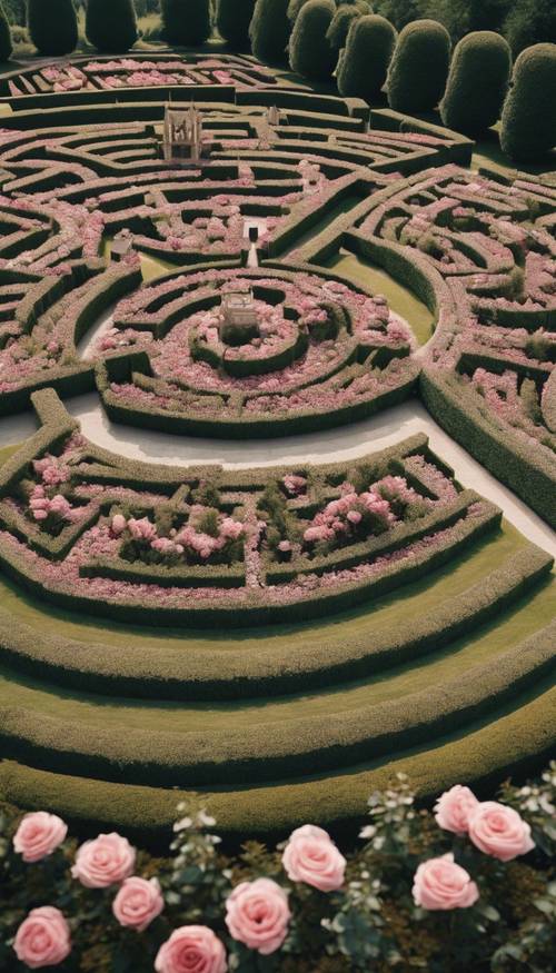 Eine Luftaufnahme eines kreisförmigen Rosenlabyrinths auf einem Adelssitz, das ein Mandala widerspiegelt.
