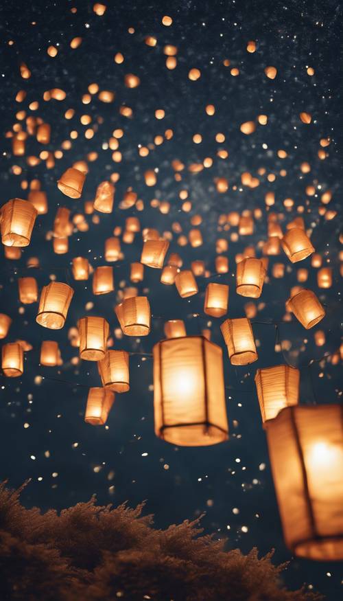 A dreamy aesthetic scene of floating lanterns against a twinkling starry sky on New Year's Eve.