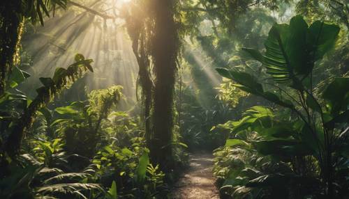 Una selva tropical con flora y fauna diversa, bañada por la luz del sol de la mañana.