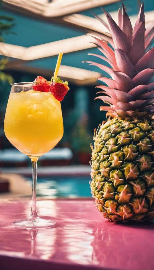 Zwei Cocktails auf einer Poolbar, einer ist ananasgelb und der andere erdbeerrosa.