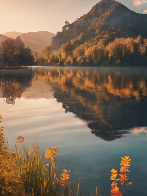 静かな山の湖に昇る早朝の太陽の生き生きとした色