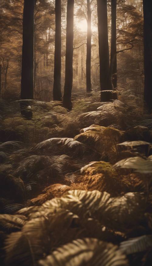 Spokojna scena gęstego lasu skąpana w miękkiej brązowej aurze.
