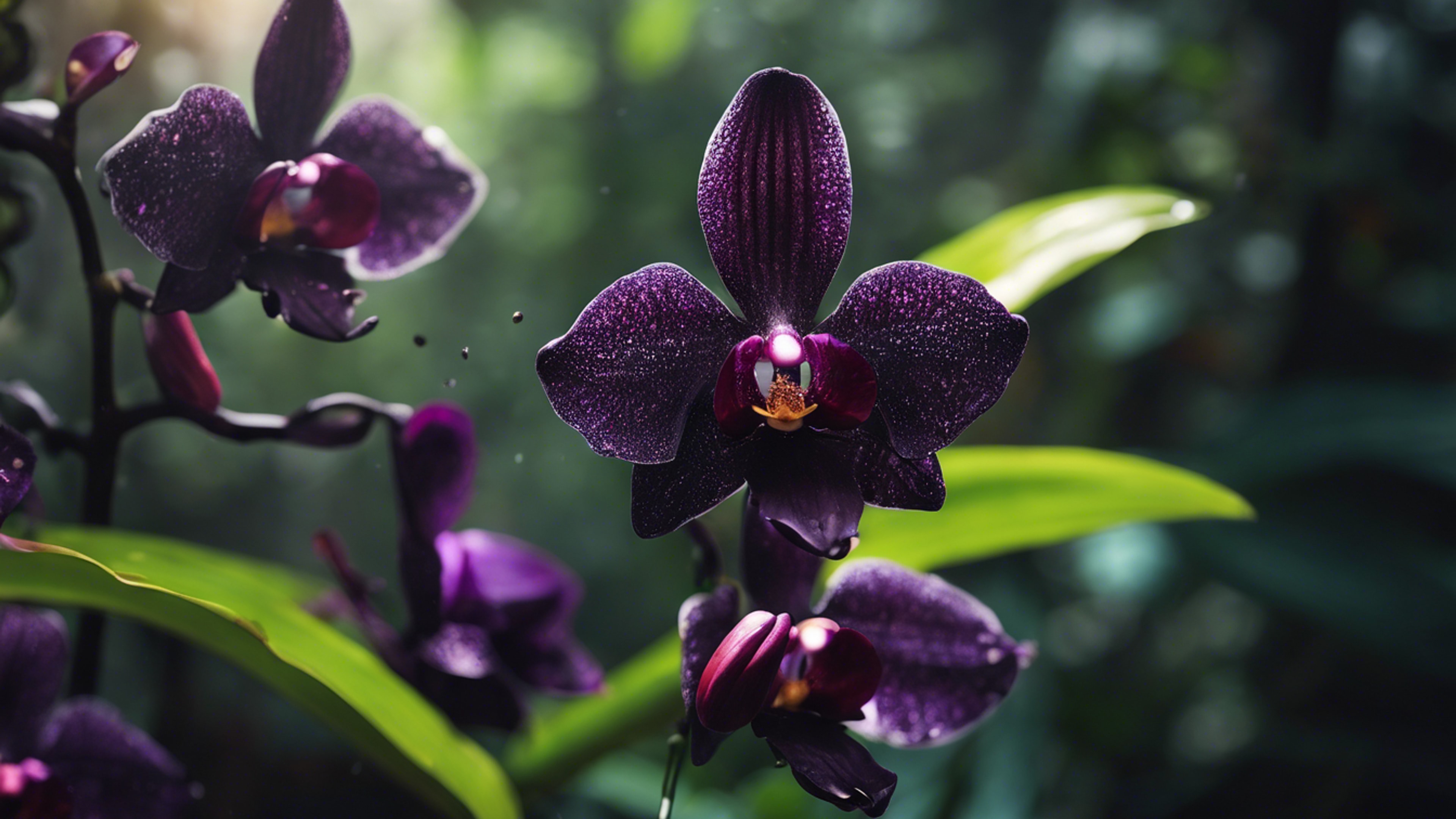 A black orchid with glossy petals and a velvet-like texture blossoming boldly within a lively rainforest. Tapet[48dde896b7db479b91c6]