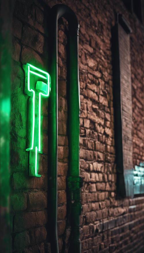 صورة مقربة لعلامة نيون خضراء متوهجة في الليل على جدار من الطوب في زقاق.