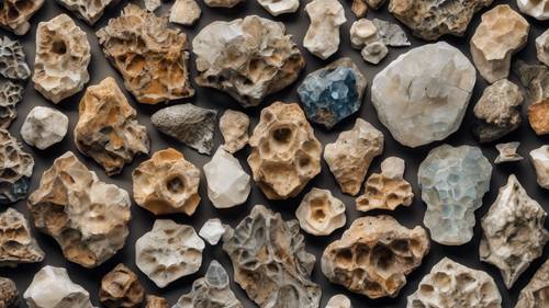Fotografien von Fossilien und Mineralien, die ein museales Muster bilden.