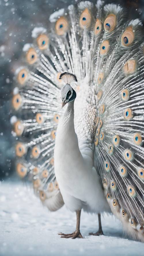 Majestatyczny biały paw obnoszący się ze swoim pięknem w zimowej krainie czarów.