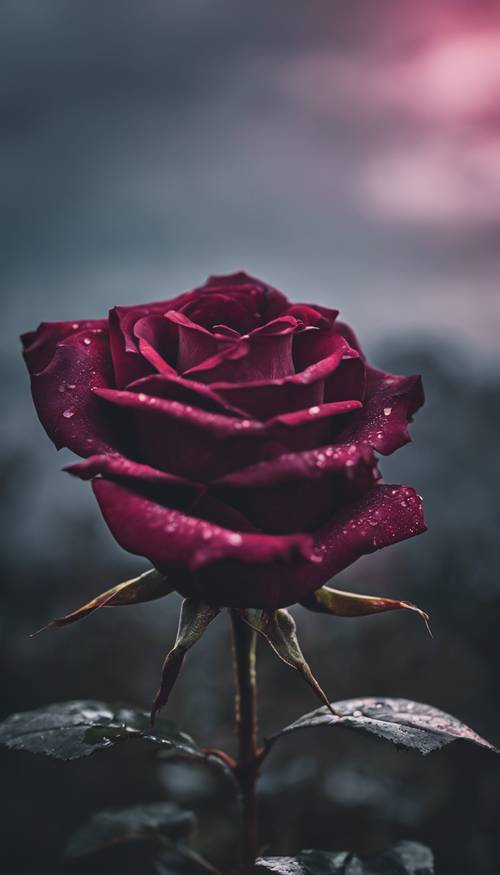 A close up shot of a dark rose against a stormy, ombre sky at dusk.