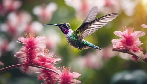 An ornate hummingbird with iridescent pink and white feathers hovering over some tropical flowers.