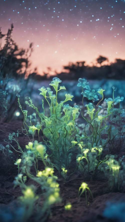 Множество биолюминесцентных растений, элегантно светящихся под ясным звездным небом.