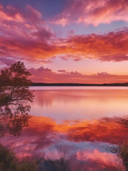 明るいオレンジとピンクの雲が静かな湖を背景に生き生きとした夕焼け空を横切る 壁紙