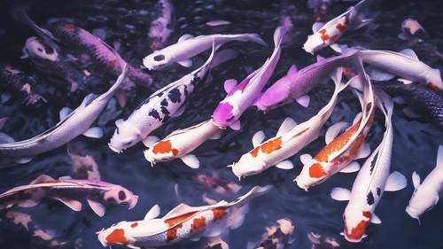 Pemandangan tenang ikan koi ungu dan putih berputar-putar dengan anggun di kolam yang diterangi cahaya bulan.