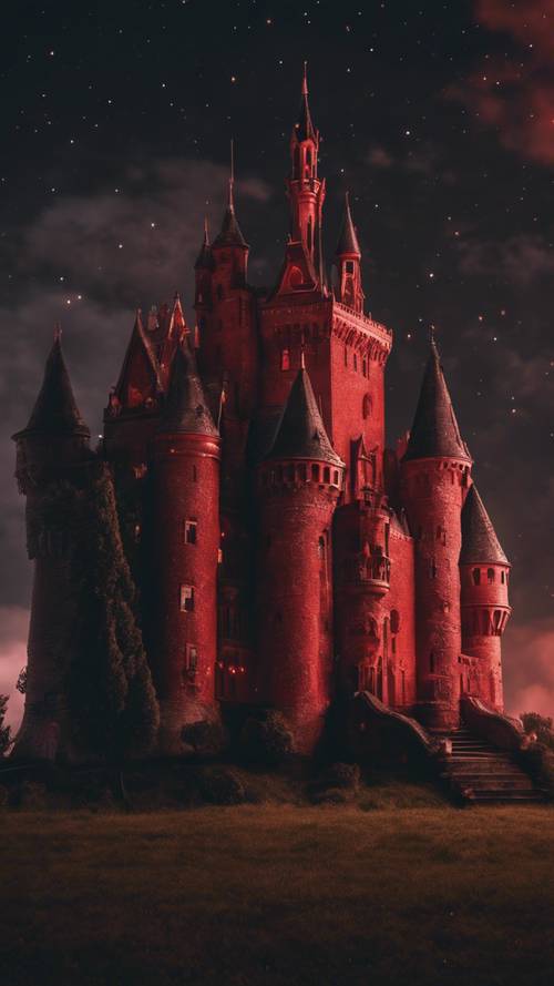 Castello gotico rosso sotto un cielo notturno nuvoloso