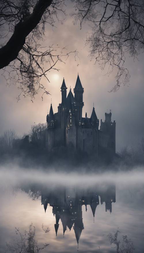 Un château gothique enveloppé dans la brume de minuit.