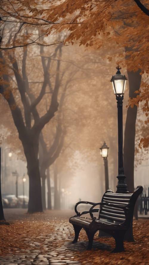 An empty park bench on a cobblestone walkway with fallen leaves, under dim lamp light in the dense fog.