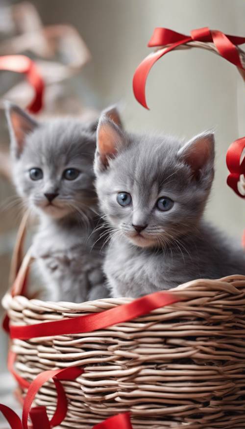 Three gray, short-haired kittens in a woven basket with red ribbons