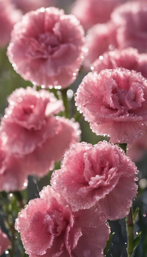 Uma foto em close de cravos rosas cobertos por gotas de orvalho da manhã com um fundo bokeh suave.