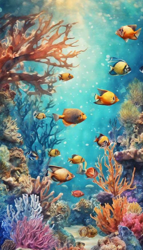 An imaginative watercolor of an underwater scene depicting various types of exotic fishes swimming among vibrant coral reefs.