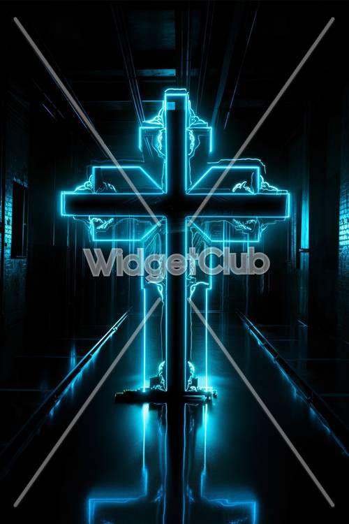 Neon Cross in a Dark Hallway