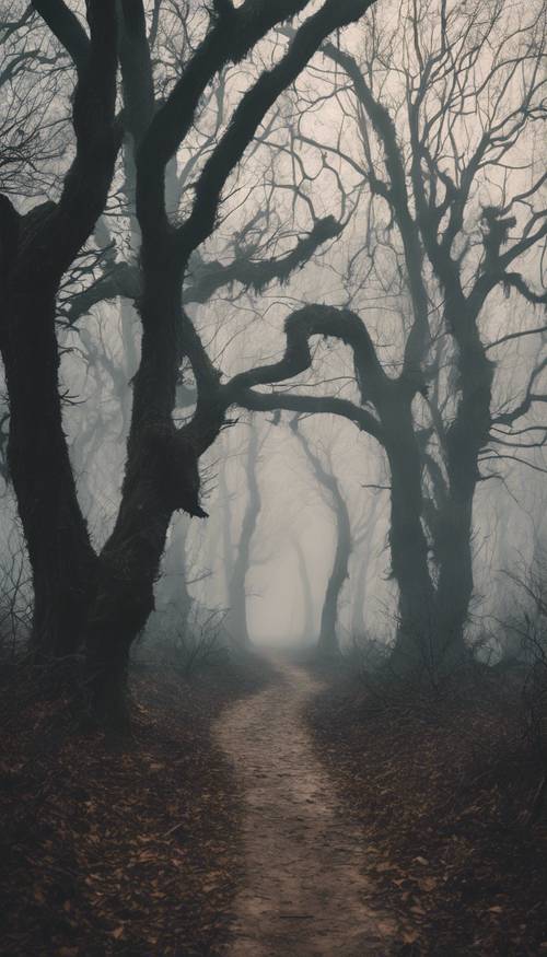 An eerie forest path, shrouded in fog, with old gnarly trees and creepy silhouettes.