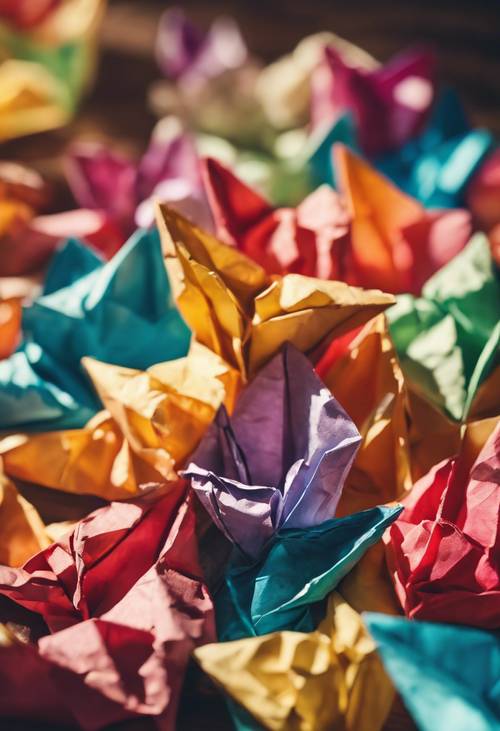 An array of vibrantly colored crumpled origami paper in a warm afternoon sunlight.