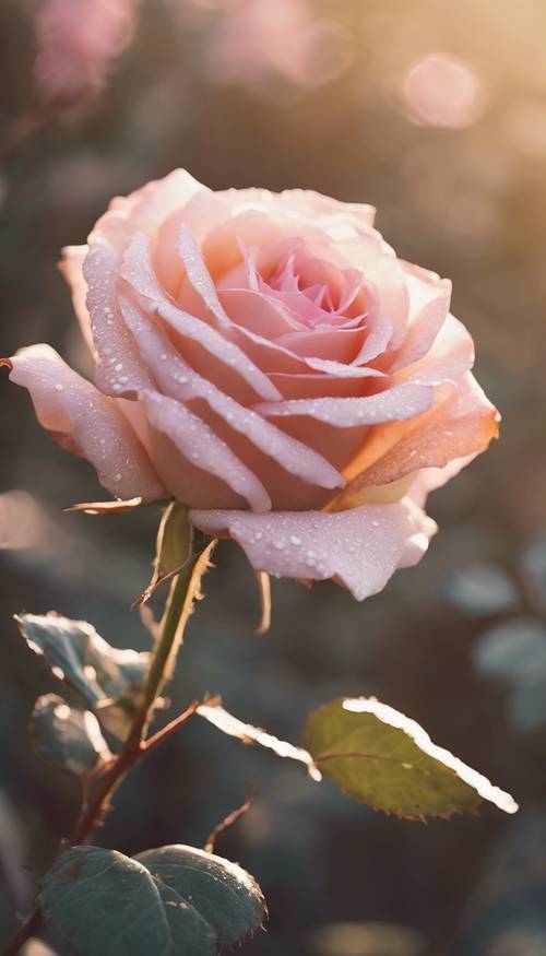 ורד ורוד עדין מוזהב בקווי מתאר זהב בגן פראי שטוף אור שמש.