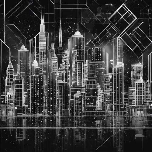 Abstrakcyjne przedstawienie panoramy miasta o północy w czarno-białych wzorach geometrycznych