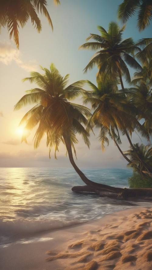 ציור של עצי קוקוס מתנדנדים ברוח הטרופית ליד הים התכלת בשקיעה.