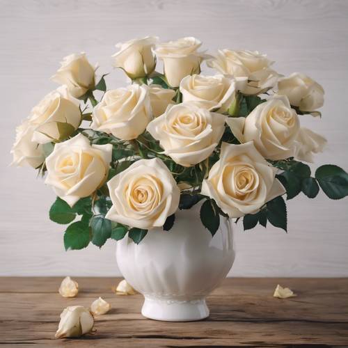 Букет кремовых шелковых роз в белой фарфоровой вазе на деревянном столе.
