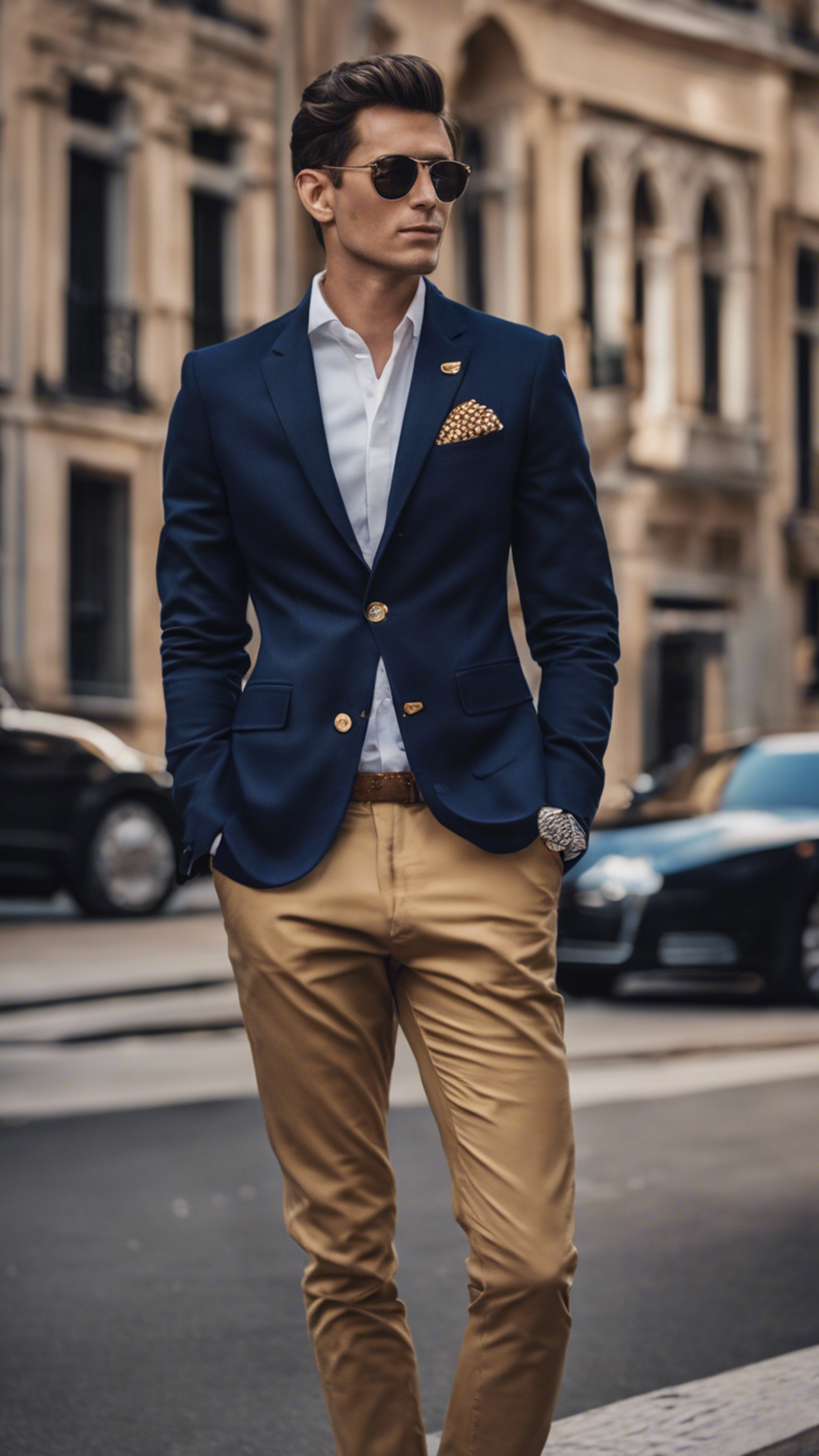 A preppy style male wearing a navy blazer with golden buttons. Wallpaper[81a126e7891348aa9b4e]