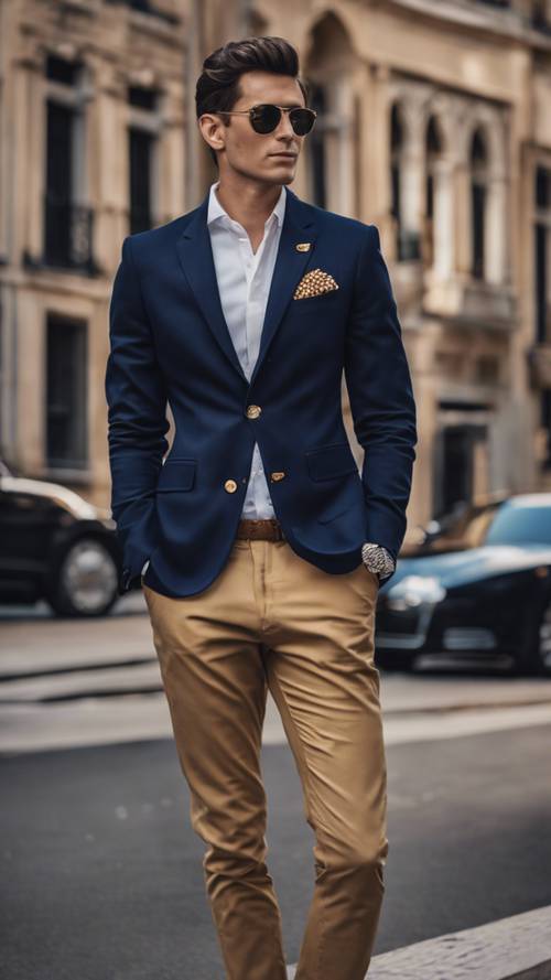 Um homem de estilo formal vestindo um blazer azul marinho com botões dourados.