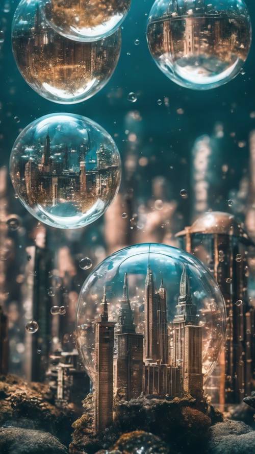 An imaginary skyline view of an underwater metropolis protected by a giant bubble.