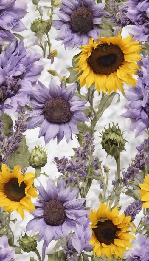 Pola damask bercahaya yang diisi dengan karangan bunga matahari dan lavendel menyempurnakan kanvas putih.