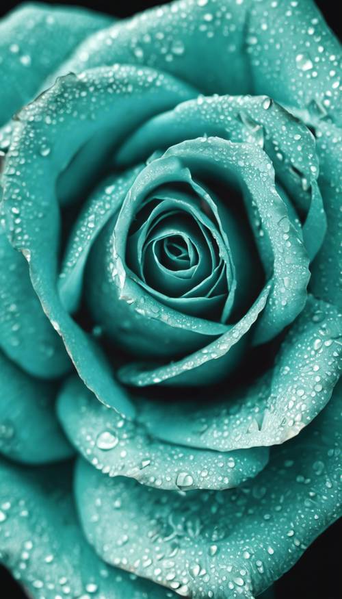Zbliżenie turkusowej róży z bardzo szczegółową fakturą wyrytą na każdym płatku.