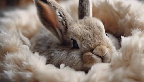 Ein neugeborenes Kaninchen mit noch geschlossenen Augen, eingekuschelt in das weiche Fell seiner Mutter.