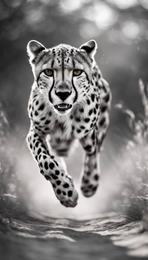 A sleek cheetah running at full speed, with its black and white fur pattern glistening in the sunlight.